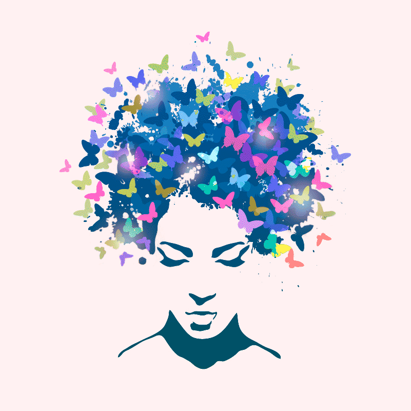 Illustration of a face with butterflies in place of hair